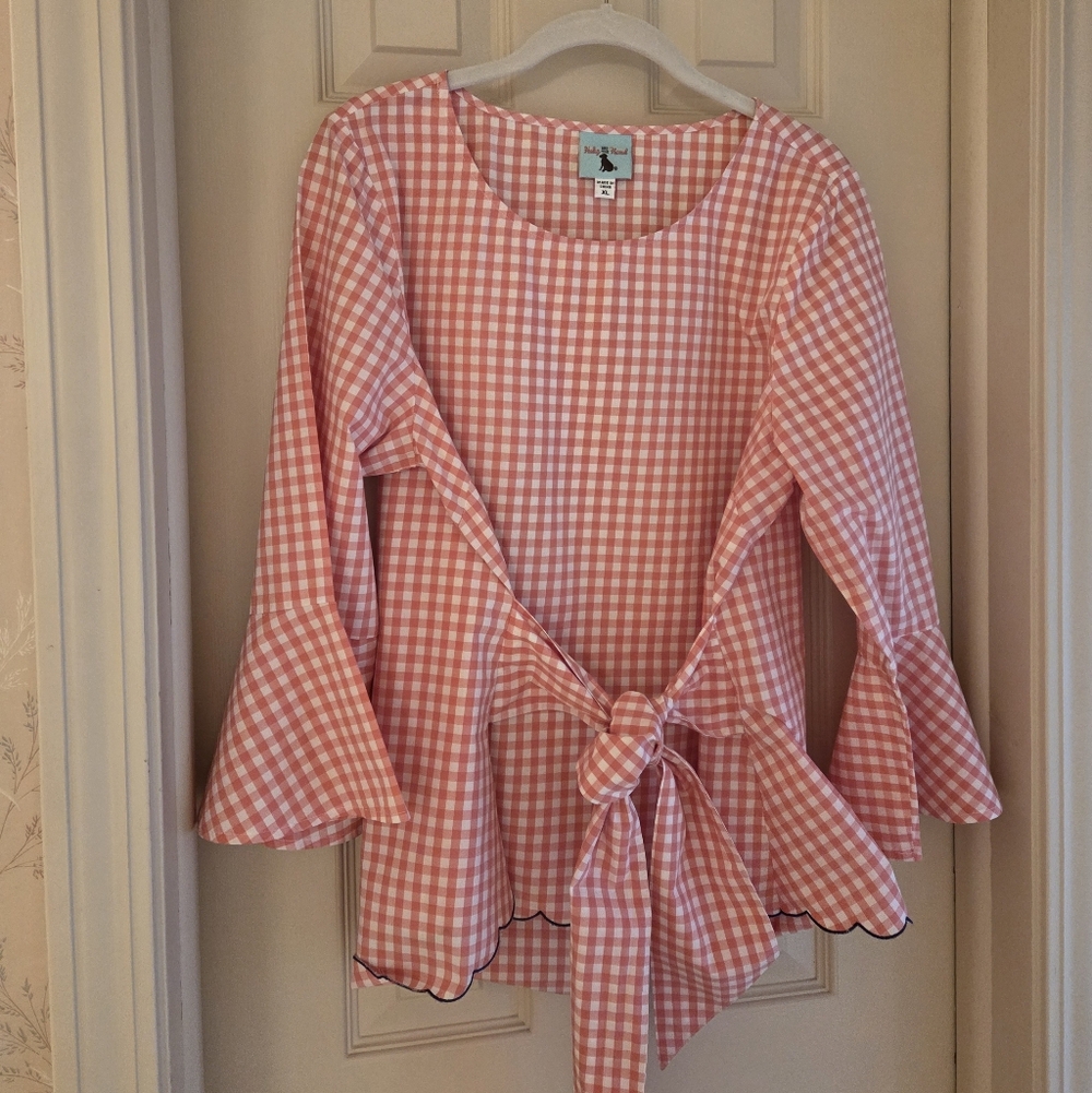 Coral Gingham Bell Sleeve Top